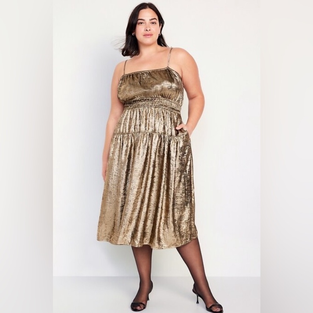 Old Navy Waist Defined Cami Shine Gold Metallic Midi Dress Large